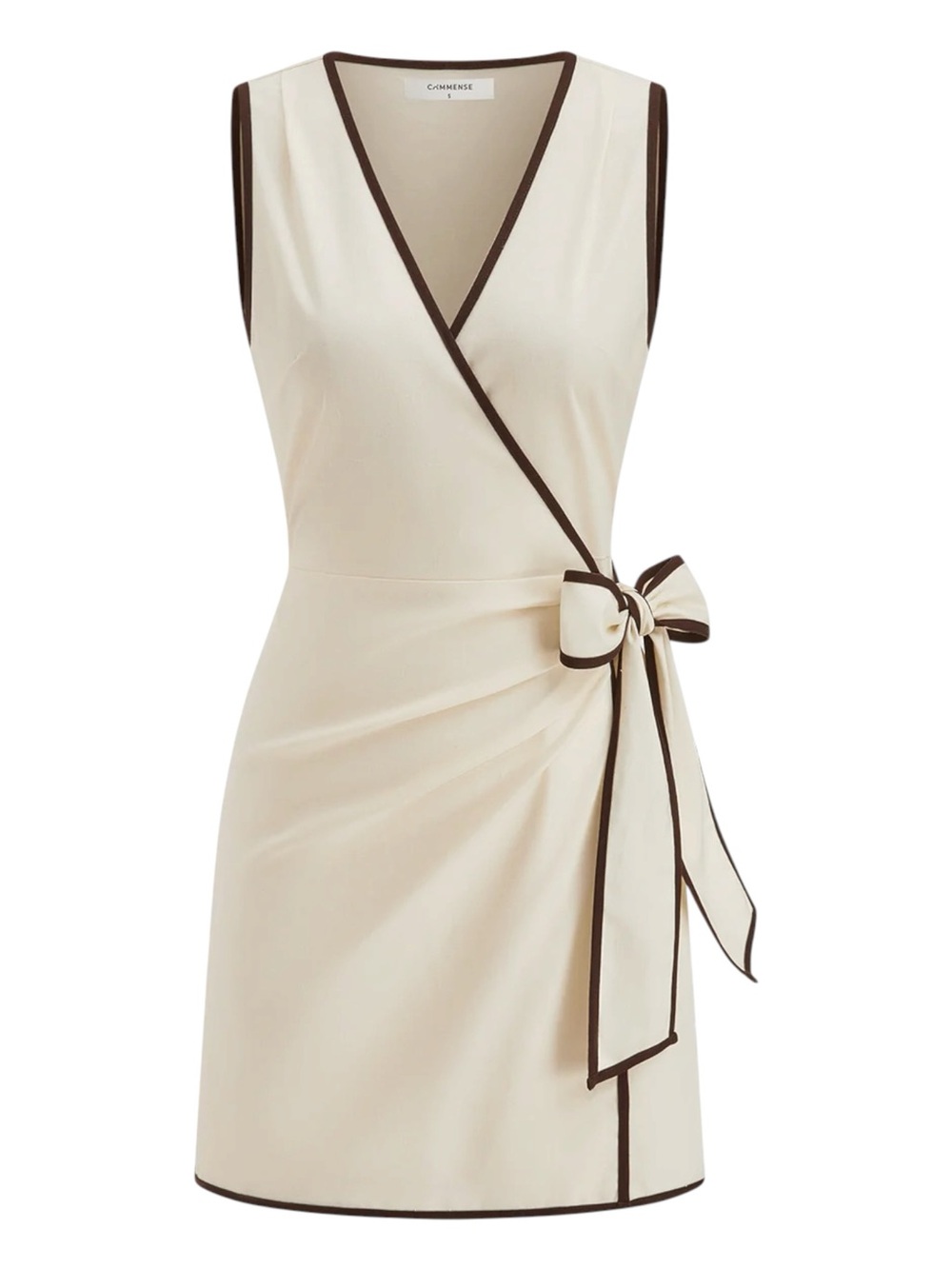 Commense Cream Brown Contrast Trim Linen Blend Faux Wrap Mini Dress NWT XS